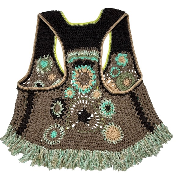 Free People Free Desert Rose Crotchet Vest Boho Patchwork Fringe Size S - Picture 2 of 7
